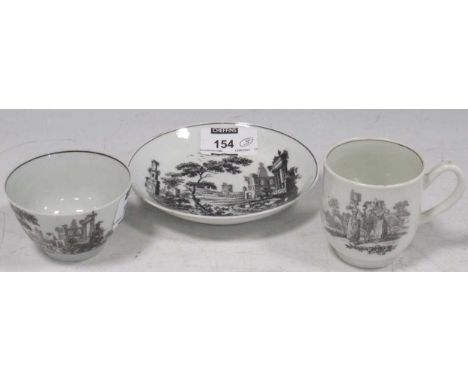 A Worcester bat printed composed trio, circa 1760, the coffee cup with the Milkmaids pattern, the tea bowl and saucer with cl
