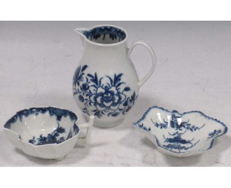 A Worcester blue and white cream jug, circa 1775; two Worcester blue and white pickle dishes, circa 1770 (3)Pickle dish with 