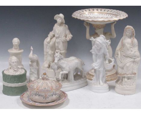 A collection of Parian, to include a Copeland match holde,r the fluted cylindrical body with inscription 'Ex Luce Lucellum', 