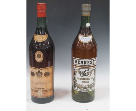 Two large decorative display dummy bottles labelled Cognac and Hennessey 51cm high (empty)