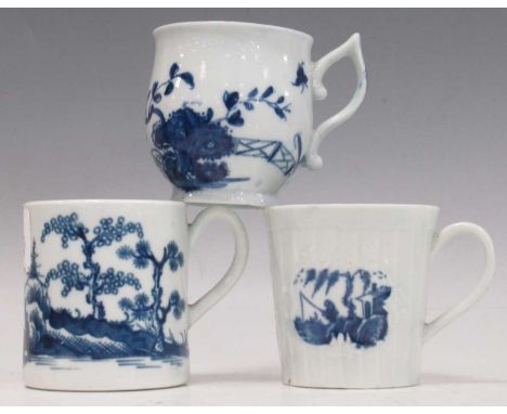 Three Worcester blue and white coffee cans, circa 1758 - 70, one decorated with the Cannon Ball pattern, a Warbler pattern be