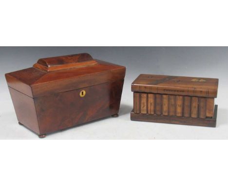 A 19th style century tea caddy in sarcophagus form, the interior fitted with cut glass mixing bowl and two lidded compartment