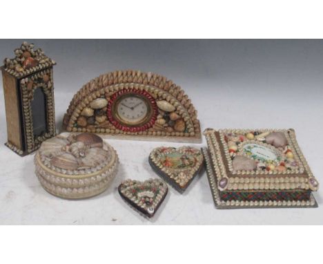 A group of shell valentines and boxes, also including a mantel clock, first half 20th century (6)