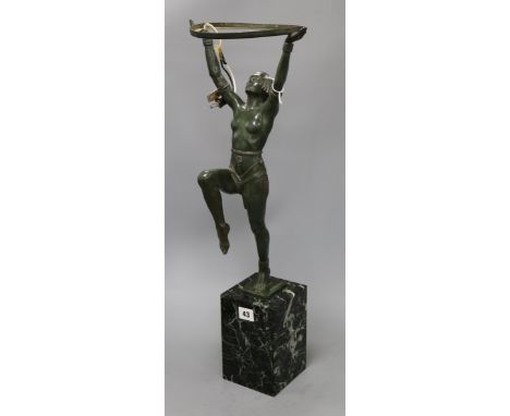 Max Le Verrier. An Art Deco spelter figural dancer lamp shade lacking