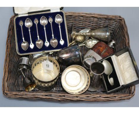 A silver-mounted plated hip flask and assorted plated ware