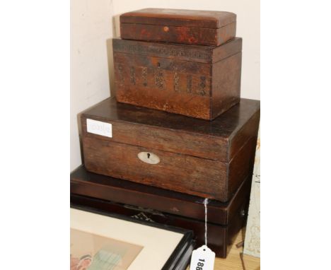 A Victorian Tunbridgeware tea caddy, a George III writing slope and two other boxes