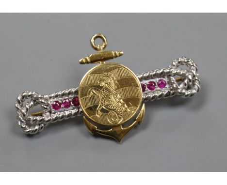 Honorable Company of Master Mariners- an 18ct two-colour gold and ruby-set brooch, 51mm.