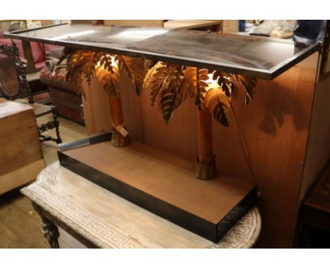 An illuminated palm tree glass top console table W.151cm