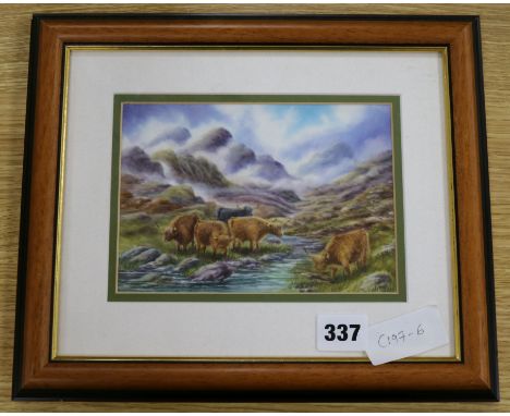 J. Creed enamel plaque of Highland Cattle