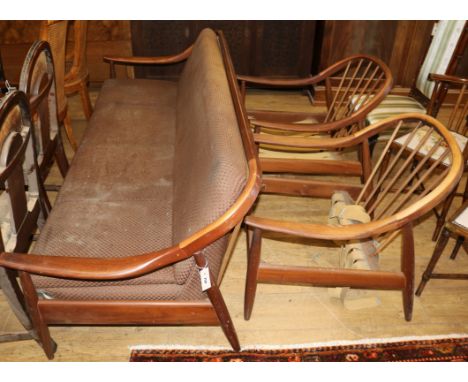 A mid century Greaves and Thomas put-you-up davenport sofa bed and two chairs W.205cm
