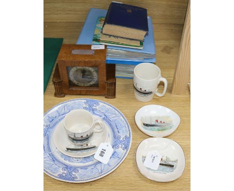 A large collection of shipping ephemera, including a RMS Queen Mary ironstone plate and two pin trays, an RMS Queen Elizabeth