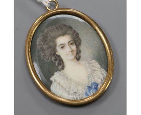 A yellow metal mounted oval miniature portrait pendant, 40mm.