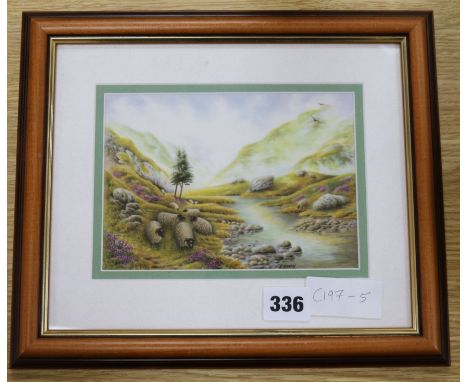 Steve Smith enamel plaque of sheep by a stream 12 x 17cm.