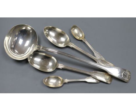 A George IV silver fiddle, thread and shell pattern soup ladle, London, 1827 and four other silver spoons, 18.5 oz.