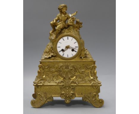 An ormolu figural mantel clock with silk suspension Height 34cm