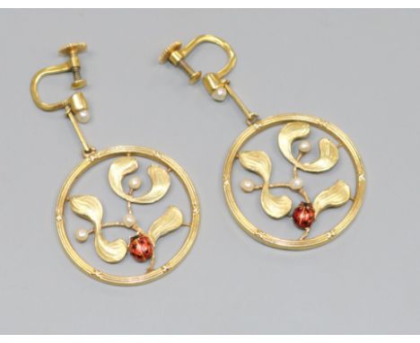 A pair of yellow metal, seed pearl and enamel set 'ladybird' circular drop ear clips, 25mm.