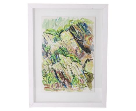 Marjorie Arnfield MBE (1930-2001)"Quarry Study", a vibrant, abstract depiction of an overgrown quarry, the scree topped with 