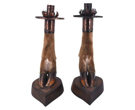 [ Lowther Castle / Earls of Lonsdale / Taxidermy] A pair of copper-mounted deer's hoof candlesticks, bearing plaques engraved