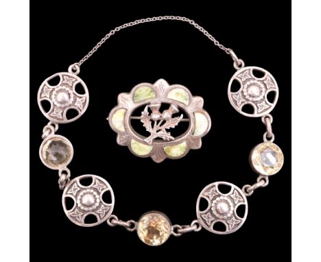 A John Hart Iona citrine and white metal bracelet, comprising circular Celtic cross links divided by round-cut gemstones, tog