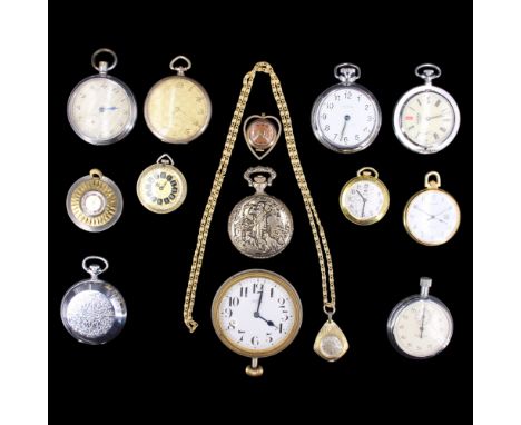 A group of pocket and fob watches together with a Sekonda stopwatch and a travel timepiece