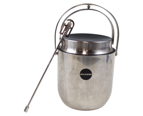An Alessi stainless steel ice bucket designed by Carlo Mazzeri, together with a stainless steel stirrer designed by Ettore So