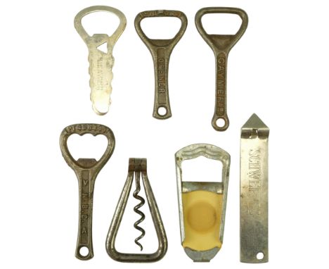 A group of vintage Crown cork advertising bottle openers, including Gaymer's, N B C, Courage Brewery, Schweppes and Bass, tog