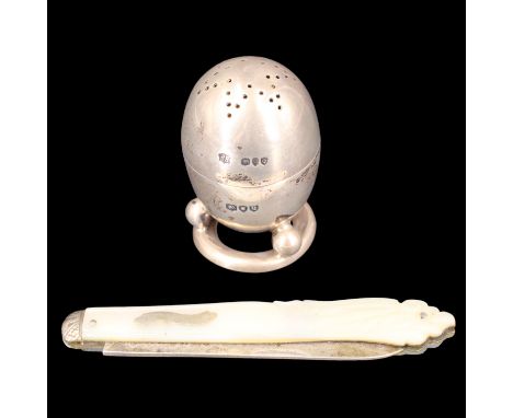 A Victorian silver oviform pepperette together with a mother-of-pearl -handled pocket folding fruit knife
