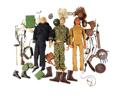 A vintage Action Man soldier, G I Joe sailor and Marx Chief Cherokee with accessories