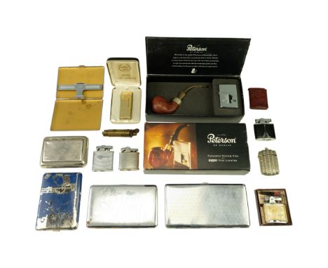 A group of vintage and other cigarette lighters, cases, etc, including a Peterson of Dublin "Zippo" boxed pipe and lighter