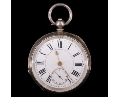 A late 19th Century Swiss silver key-wound pocket watch, having an enamel face with Roman numerals, gilt poker hands and subs