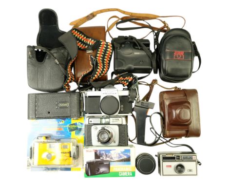 Pentax Asahi SP 1000 and Kodak Instamatic 100 35 mm film cameras, together with a Kodak No 1 pocket folding 120 mm and other 