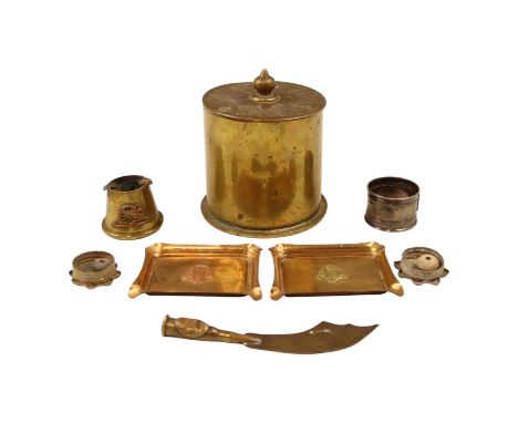 A group of Great War trench art and relics, etc, including a tobacco jar fabricated from a 1916 Imperial German 11 cm artille