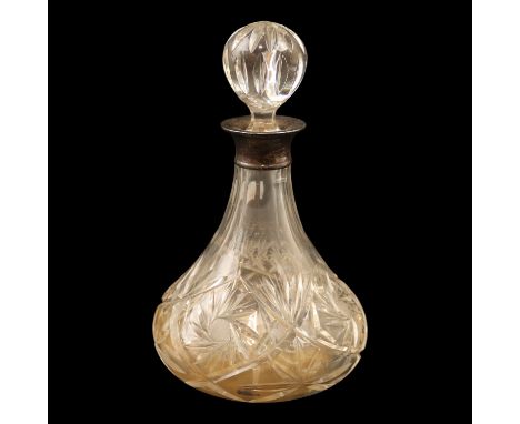 A 1960s Mappin &amp; Webb silver-collared cut glass ship's or Rodney decanter, (stopper a/f)