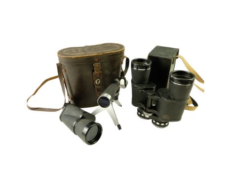 Fernesh "Zoom" 8-14 x 50 binoculars together with a compact 25 x 30 prismatic monocular telescope and tripod, and a 10x 50 pr