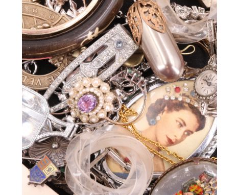 A collection of vintage costume jewellery including Victorian and 1953 Coronation brooches, silver cocktail watches, a silver