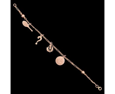 An early 20th Century rose-coloured yellow metal charm bracelet, the figaro-link chain accented by two faceted baubles and be