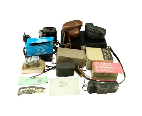Cameras and related equipment including a Canon Auto-Zoom 814 super-8 and Sankyo 8 cm cine cameras, a Romanslide New Z slide 
