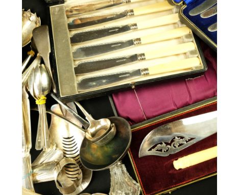 A cased set of Victorian Ivorine handled fish servers, together with other electroplate cutlery, a napkin ring and silver-top