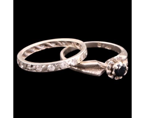 A vintage sapphire and 9 ct white gold ring together with an eternity ring, 4.6 g