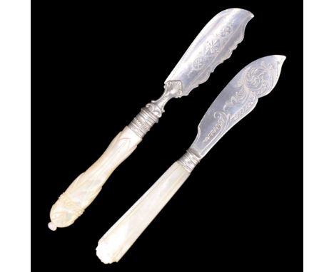 Two Victorian mother-of-pearl handled silver butter knives, Martin, Hall &amp; Co (Richard Martin &amp; Ebenezer Hall), Atkin