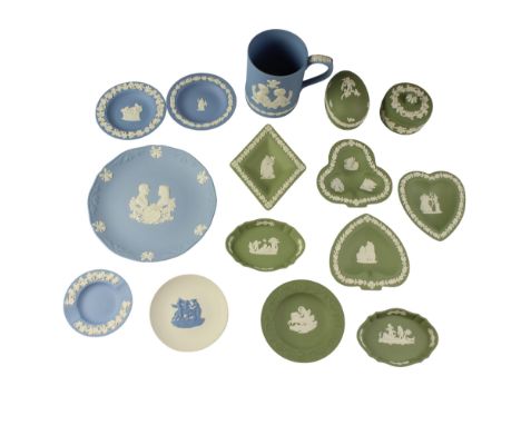 A quantity of blue, green and white Wedgwood Jasperware, including a complete set of card suits, a limited edition St Paul's 