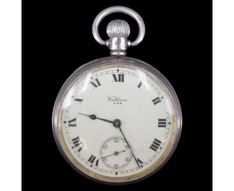 A 1920s Waltham silver "Traveler" crown-wound pocket watch, having an enamel face with Roman numerals, blued-steel poker hand