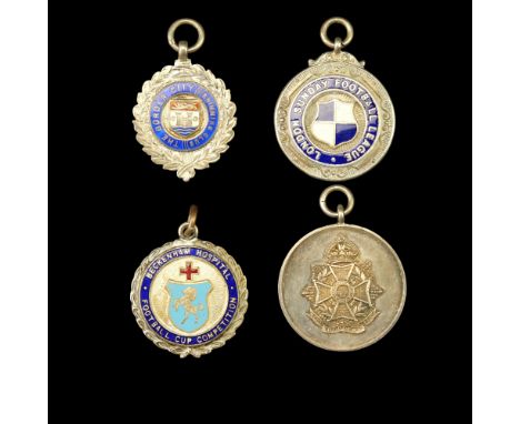 A 1920s enamelled silver swimming prize fob medallion together with a Border Regiment rugby and two enamelled football fob me
