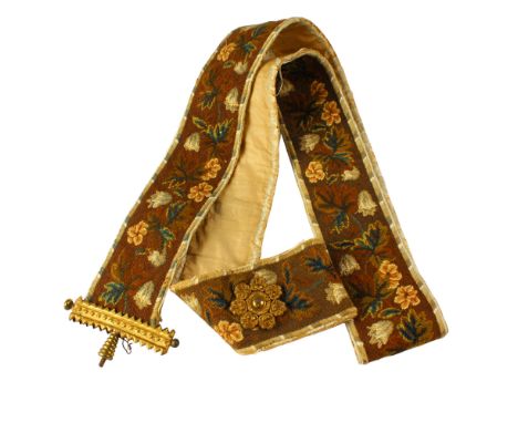 A Victorian gilt metal mounted woven tapestry bell pull, 8.5 cm x 174 cm