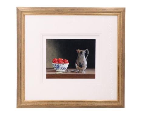 Y Tim Gustard (Lake District, contemporary)"... with cream", a chiaroscuro still-life of glistening strawberries in an 18th C
