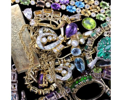 A group of gem-set silver and sterling standard white metal jewellery including tennis and other bracelets, ear pendants and 