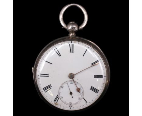 A Victorian silver key-wound pocket watch, having a lever movement and enamel face with Roman numerals, gilt poker hands and 