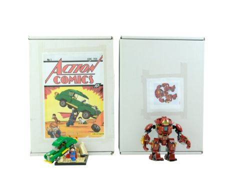 Built / unboxed Marvel Super Heroes "Iron Man" (76104) and DC Comics Super Heroes "No 1 Action Comics" Lego kits, [appear com