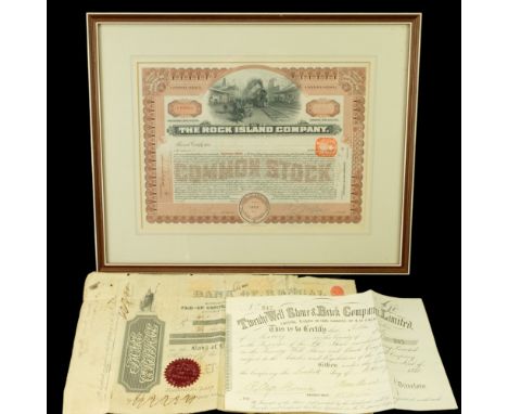 1902 Rock Island Company, 1900 Bank of Bengal and Twenty Well Stone &amp; Brick Company share certificates