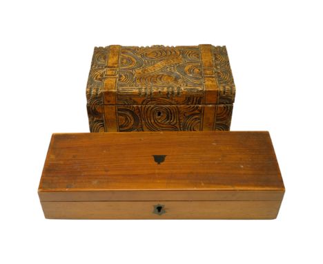 A Victorian cedar glove or similar box, having a painted keyhole escutcheon and a bell-shaped device on its lid, together wit